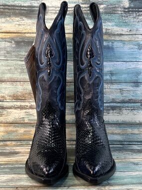 J Chisholm Vintage Whipsnake Leather Western Boot Women 6.5 Black Blue Knee High